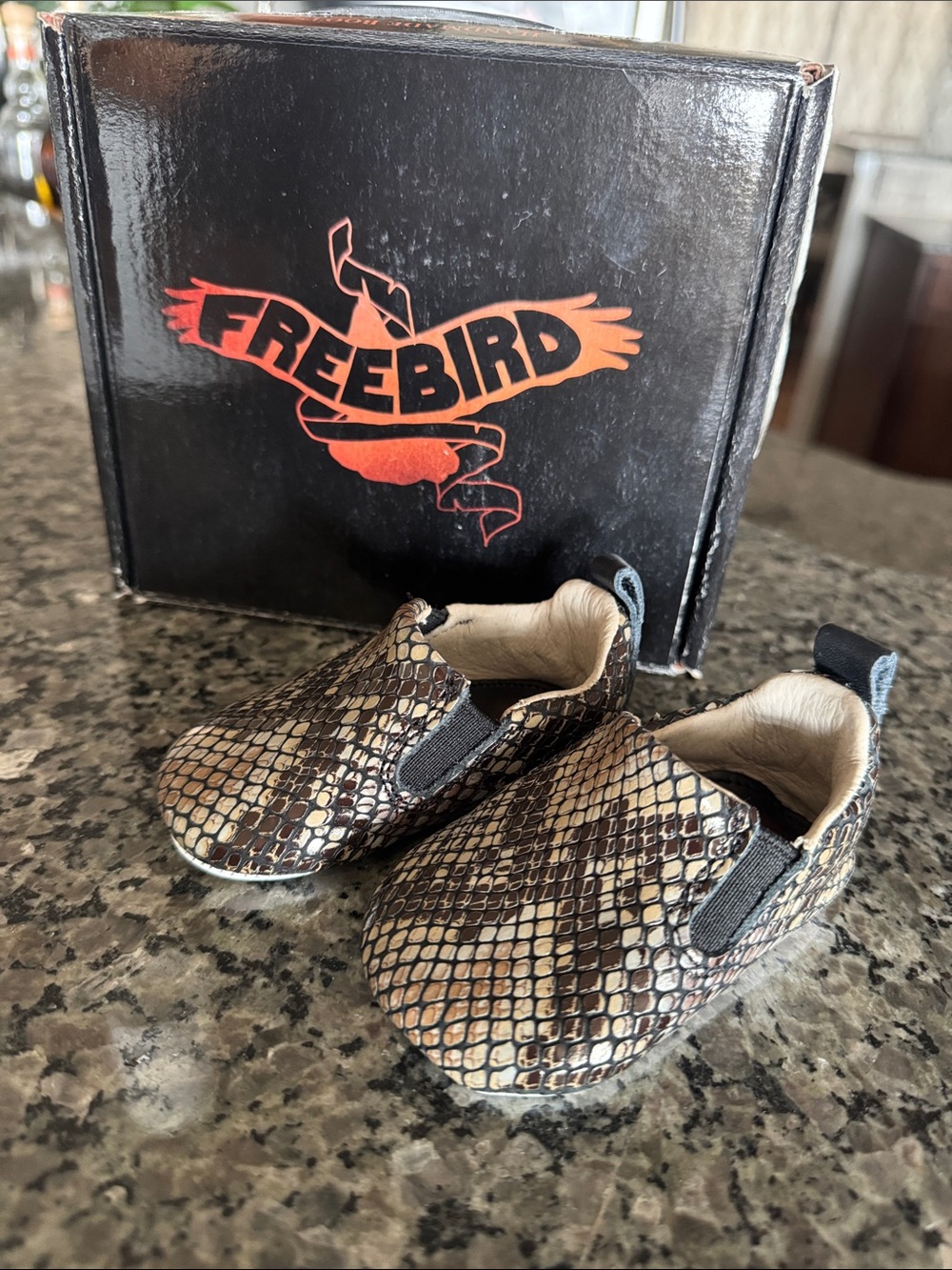 freebird Snake-Print Slip-On Baby Shoes in Brown and Cream